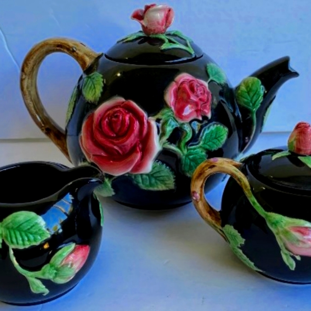 3 Piece Set Fitz Floyd Midnight Rose Teapot Creamer Sugar 1987 Floral Black